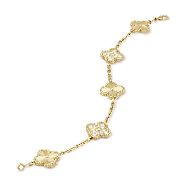 18K Vintage Alhambra Five Motifs Diamonds Clover Bracelet - Image 3