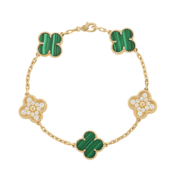 18K Vintage Alhambra Five Motifs Malachite Diamonds Clover Bracelet