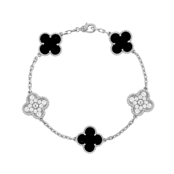 18K Vintage Alhambra Five Motifs Black Diamonds Clover Bracelet