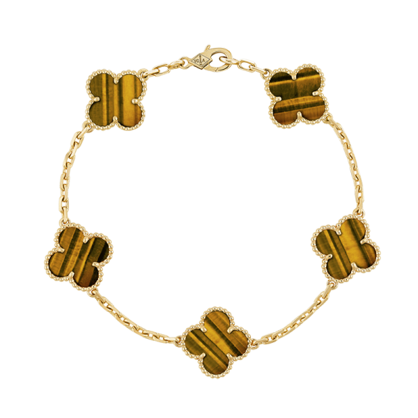 18K Vintage Alhambra Five Motifs Tiger Eye Bracelet
