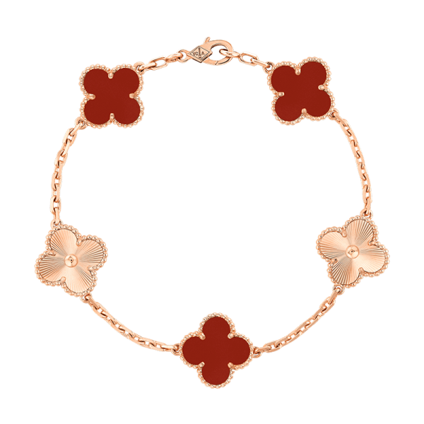 18K Vintage Alhambra Five Motifs Carnelian Clover Bracelet