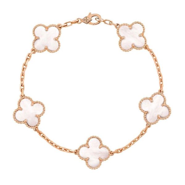 18K Vintage Alhambra Five Motifs Pearl Clover Bracelet - Image 2