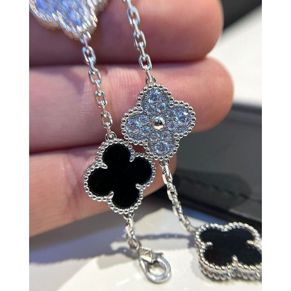 18K Vintage Alhambra Five Motifs Black Diamonds Clover Bracelet - Image 5