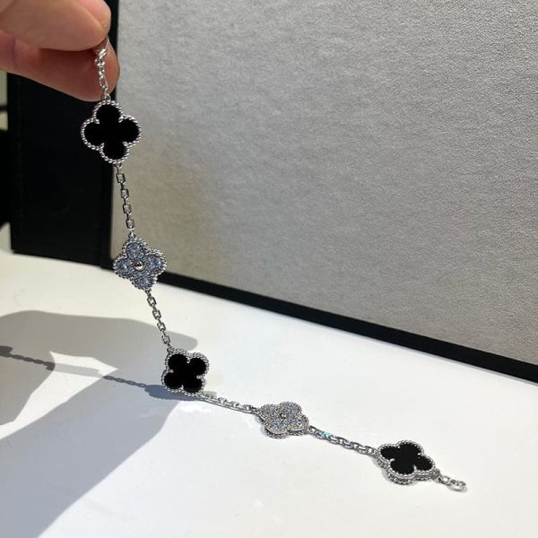 18K Vintage Alhambra Five Motifs Black Diamonds Clover Bracelet - Image 6