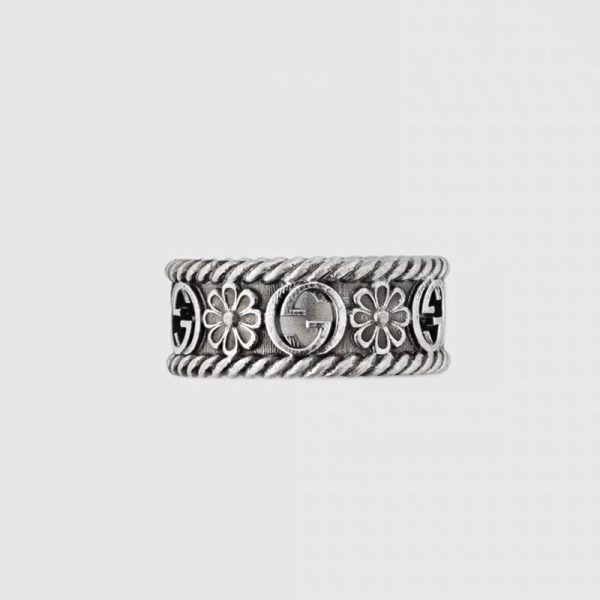 Double G Aged Sterling Silver Interlocking G Flower Ring - 图片 2