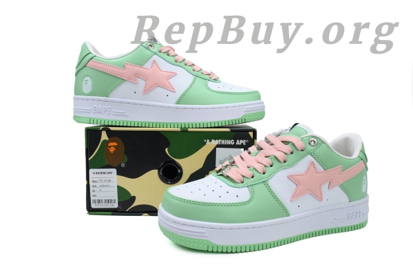 Bape Sta Green and Pink, Bape Shoes Replica, High Quality Bape Sneakers, 1H70-191-055 Fake, A Bathing Ape Dupes, Best Bape Sta Copy, Premium Replica Shoes, Bape Green Pink Leather, Luxury Bape Sneaker Reps, Bape Sta 1H70-191-055 Replica