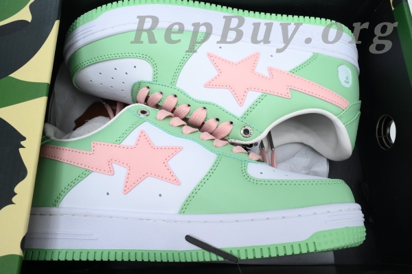 Bape Sta Green and Pink, Bape Shoes Replica, High Quality Bape Sneakers, 1H70-191-055 Fake, A Bathing Ape Dupes, Best Bape Sta Copy, Premium Replica Shoes, Bape Green Pink Leather, Luxury Bape Sneaker Reps, Bape Sta 1H70-191-055 Replica