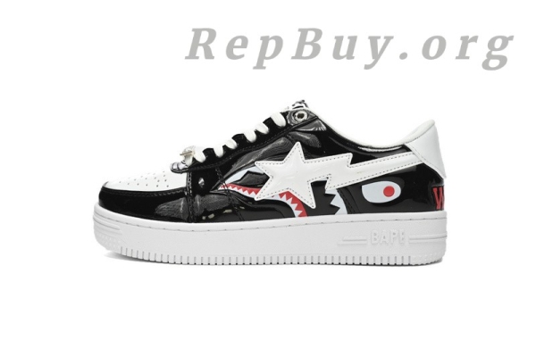 Bape Sta Low Black and White Shark, high quality replica Bape shoes, best Bape Sta Low copy, 1:1 Bape sneakers, A Bathing Ape replica, premium Bape Sta Low knockoff, exact copy Bape shoes, flawless Bape Shark design, top tier replica sneakers, Bape 1H30-191-009 dupe