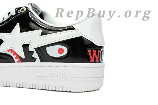 Bape Sta Low Black and White Shark, high quality replica Bape shoes, best Bape Sta Low copy, 1:1 Bape sneakers, A Bathing Ape replica, premium Bape Sta Low knockoff, exact copy Bape shoes, flawless Bape Shark design, top tier replica sneakers, Bape 1H30-191-009 dupe