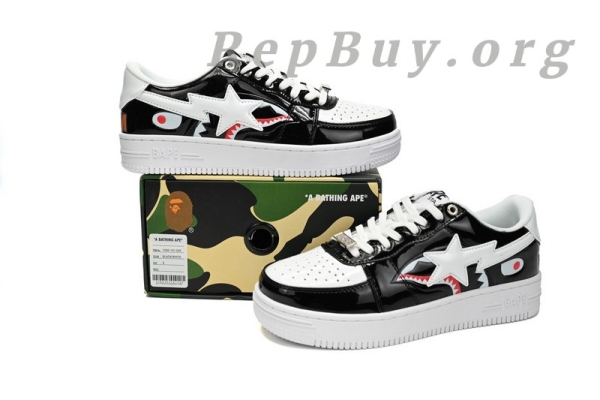 Bape Sta Low Black and White Shark, high quality replica Bape shoes, best Bape Sta Low copy, 1:1 Bape sneakers, A Bathing Ape replica, premium Bape Sta Low knockoff, exact copy Bape shoes, flawless Bape Shark design, top tier replica sneakers, Bape 1H30-191-009 dupe