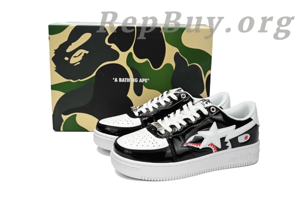 Bape Sta Low Black and White Shark, high quality replica Bape shoes, best Bape Sta Low copy, 1:1 Bape sneakers, A Bathing Ape replica, premium Bape Sta Low knockoff, exact copy Bape shoes, flawless Bape Shark design, top tier replica sneakers, Bape 1H30-191-009 dupe
