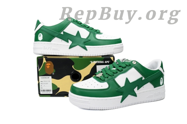 Bape Sta Low White Green Star, High Quality Bape Replica, Bape Shoes Replica, Best Bape Sta Copy, A Bathing Ape Fake Shoes, Premium Bape Sneakers, Bape Sta Low OZXSHM 191 306M Replica