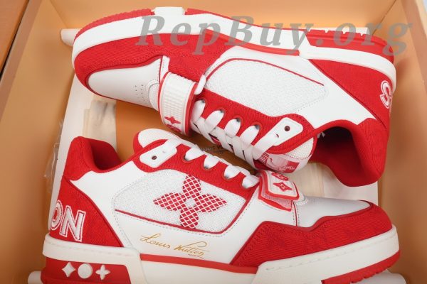 Louis Vuitton LV Trainer Sneaker Rose Red, high quality replica LV Trainer, best copy LV sneakers, 1:1 replica Louis Vuitton shoes, luxury replica sneakers, premium LV Trainer dupes, designer inspired sneakers, Rose Red LV Trainer copy