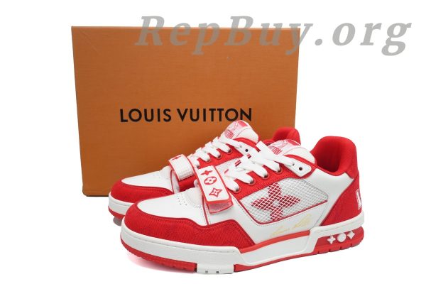 Louis Vuitton LV Trainer Sneaker Rose Red, high quality replica LV Trainer, best copy LV sneakers, 1:1 replica Louis Vuitton shoes, luxury replica sneakers, premium LV Trainer dupes, designer inspired sneakers, Rose Red LV Trainer copy