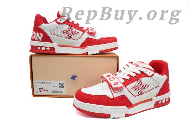 Louis Vuitton LV Trainer Sneaker Rose Red, high quality replica LV Trainer, best copy LV sneakers, 1:1 replica Louis Vuitton shoes, luxury replica sneakers, premium LV Trainer dupes, designer inspired sneakers, Rose Red LV Trainer copy