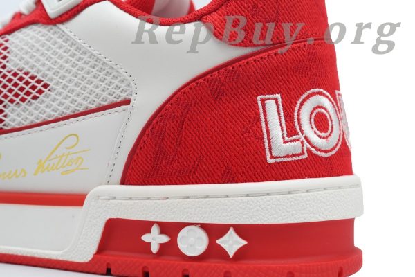 Louis Vuitton LV Trainer Sneaker Rose Red, high quality replica LV Trainer, best copy LV sneakers, 1:1 replica Louis Vuitton shoes, luxury replica sneakers, premium LV Trainer dupes, designer inspired sneakers, Rose Red LV Trainer copy