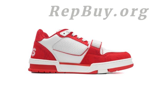 Louis Vuitton LV Trainer Sneaker Rose Red, high quality replica LV Trainer, best copy LV sneakers, 1:1 replica Louis Vuitton shoes, luxury replica sneakers, premium LV Trainer dupes, designer inspired sneakers, Rose Red LV Trainer copy