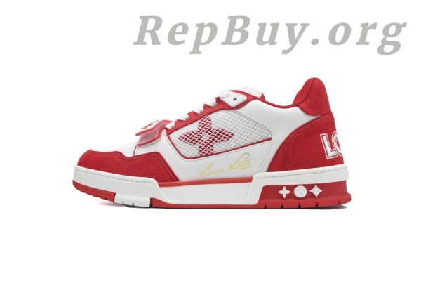 Louis Vuitton LV Trainer Sneaker Rose Red, high quality replica LV Trainer, best copy LV sneakers, 1:1 replica Louis Vuitton shoes, luxury replica sneakers, premium LV Trainer dupes, designer inspired sneakers, Rose Red LV Trainer copy