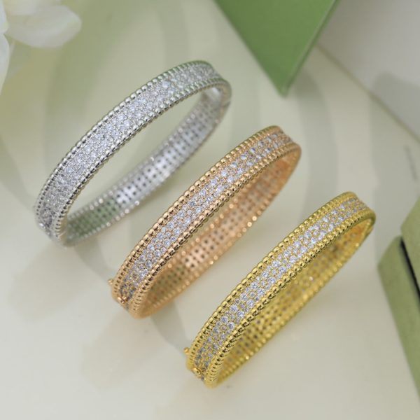 18K Yellow Gold Perlée Diamonds Three Rows Bracelet - Image 4