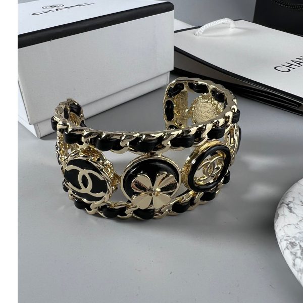 18K CC Leather Open Cuff Bracelet