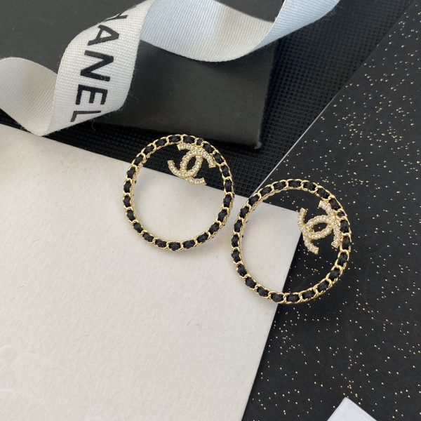 18K CC Black Leather Circle Earrings - 图片 5
