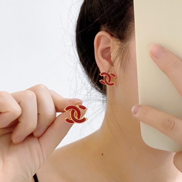 18K CC Red Resin Earrings - 图片 5