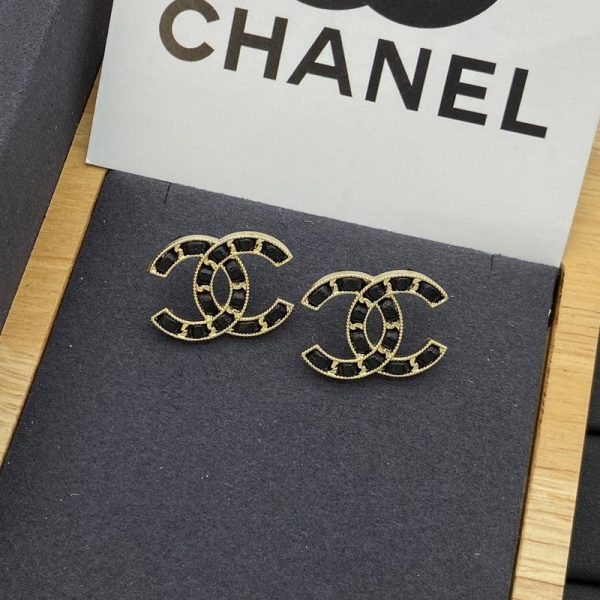 18K CC Black Leather Gold Earrings - Image 2