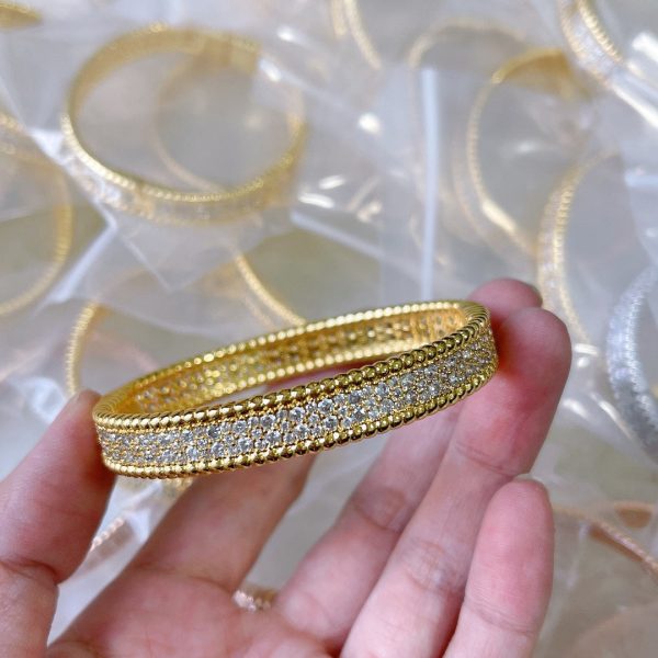 18K Yellow Gold Perlée Diamonds Three Rows Bracelet - Image 2