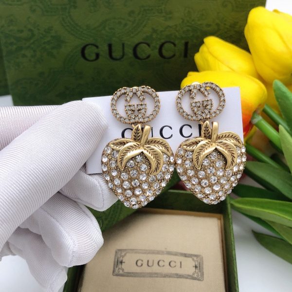 18K Double G Crystal Strawberry Pendant Earrings - 图片 2