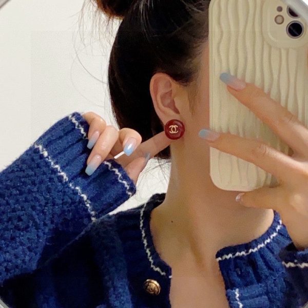 18K CC Wine Red Round Earrings - 图片 2