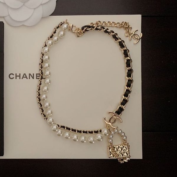 18K CC Pearl Leather Bag Pendant Necklace