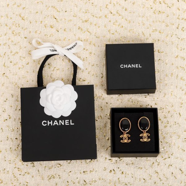 18K CC Black Crystal Pendant Earrings - Image 3