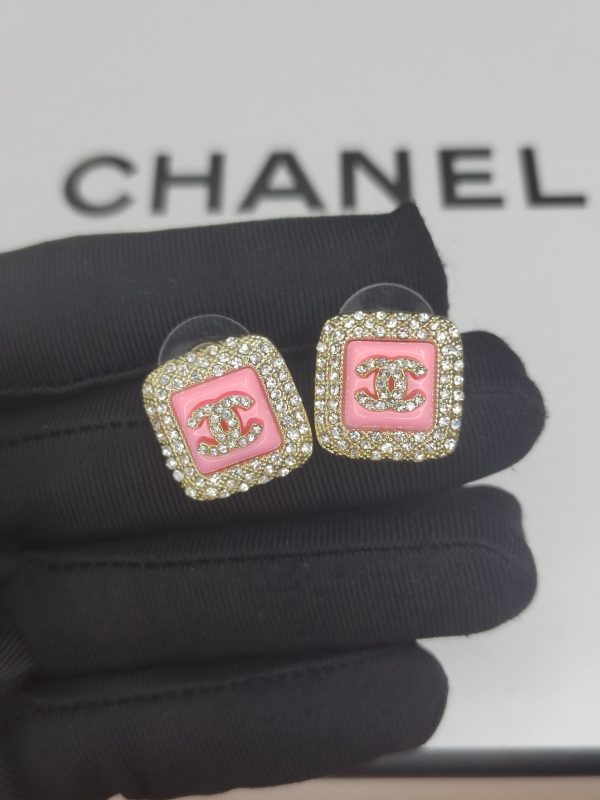 18K CC Diamond Square Pink Earrings - 图片 5