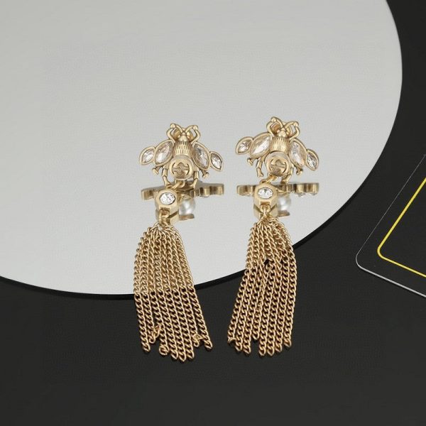 18K Double G Bee Tassel Crystal Earrings - 图片 2