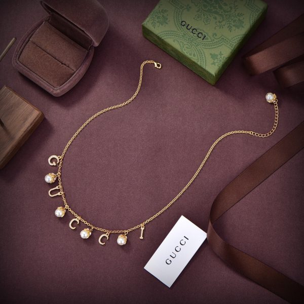 18K Double G Logo Plaque Embellished Pearl Necklace - 图片 2