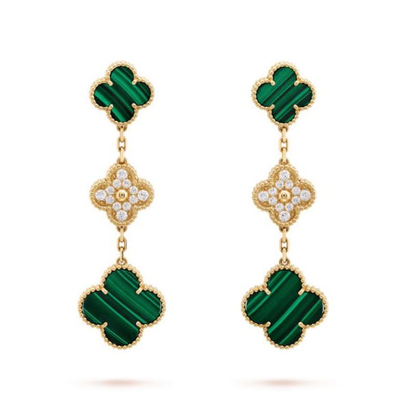 18K Magic Alhambra Three Malachite Motifs Clover Earrings