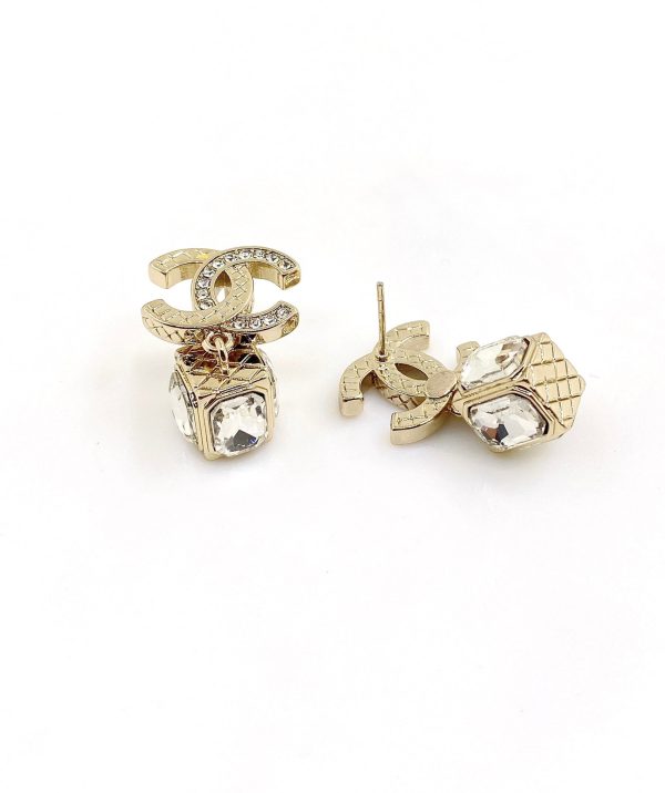 18K CC Square Crystal Pendant Earrings - 图片 2