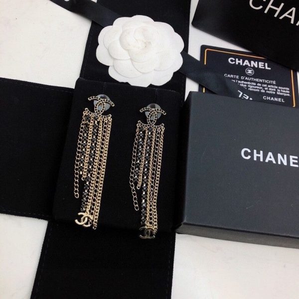 18K CC Black Crystal Tassel Earrings - 图片 2