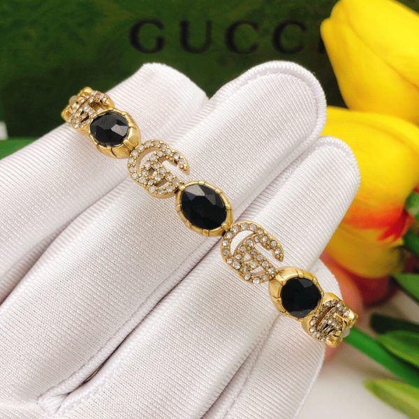 18K Double G Flowers Black Crystals Open Cuff Bracelet - 图片 8