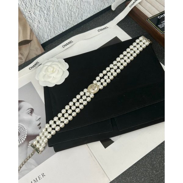 18K CC Choker Pearl Chain Necklace - 图片 3