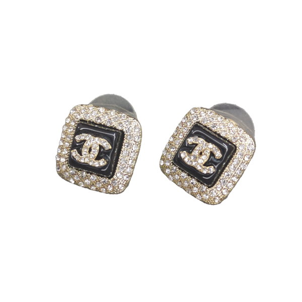 18K CC Diamond Square Black Earrings