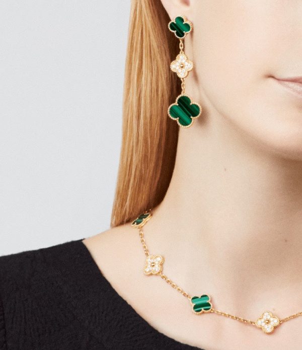 18K Magic Alhambra Three Malachite Motifs Clover Earrings - 图片 2
