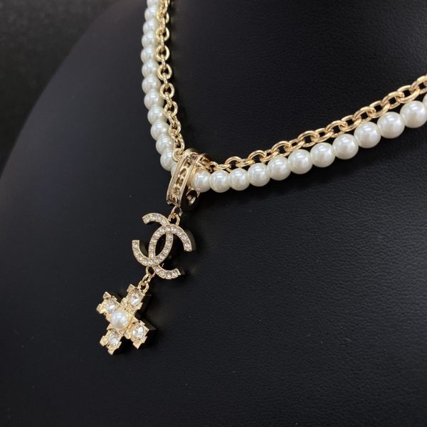 18K CC Cross Diamond Pearl Chain Necklace - Image 7