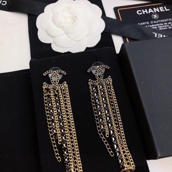 18K CC Black Crystal Tassel Earrings - 图片 3