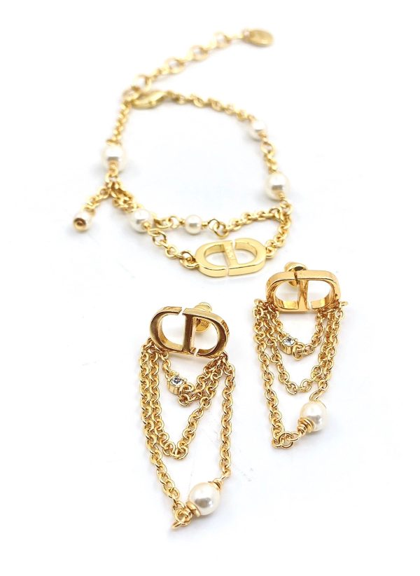 18K CD Pearl Chain Earrings - 图片 4