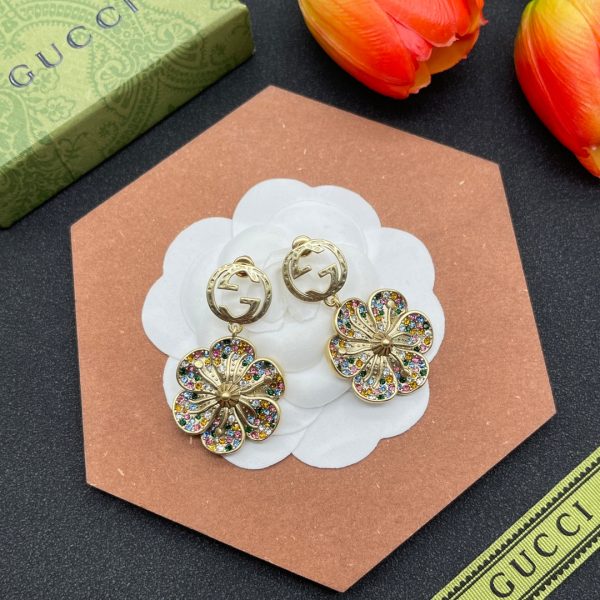 18K Double G Color Crystals Flower Earrings - 图片 2
