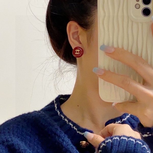 18K CC Wine Red Round Earrings - 图片 4