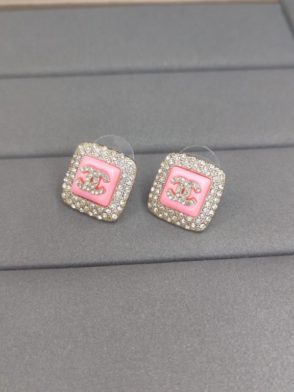18K CC Diamond Square Pink Earrings - 图片 2