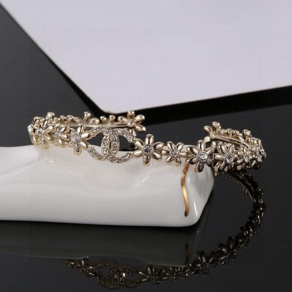 18K CC Crystal Flower Open Cuff Bracelet - Image 4