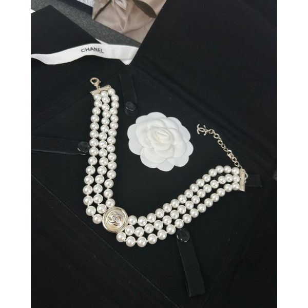 18K CC Choker Pearl Chain Necklace - 图片 4